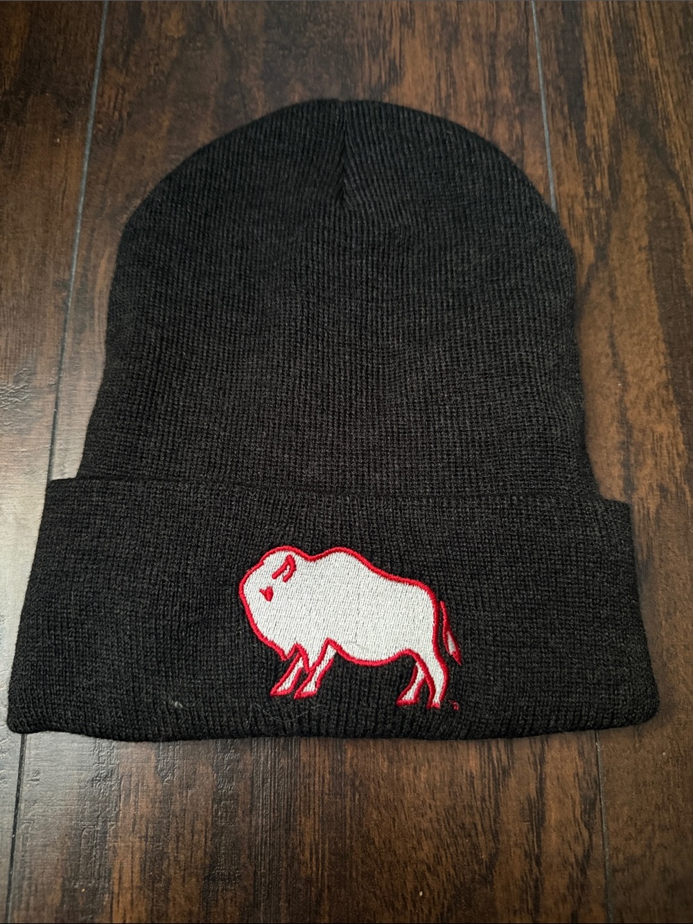 Knit Beanie with White & Red Buffalo Patch